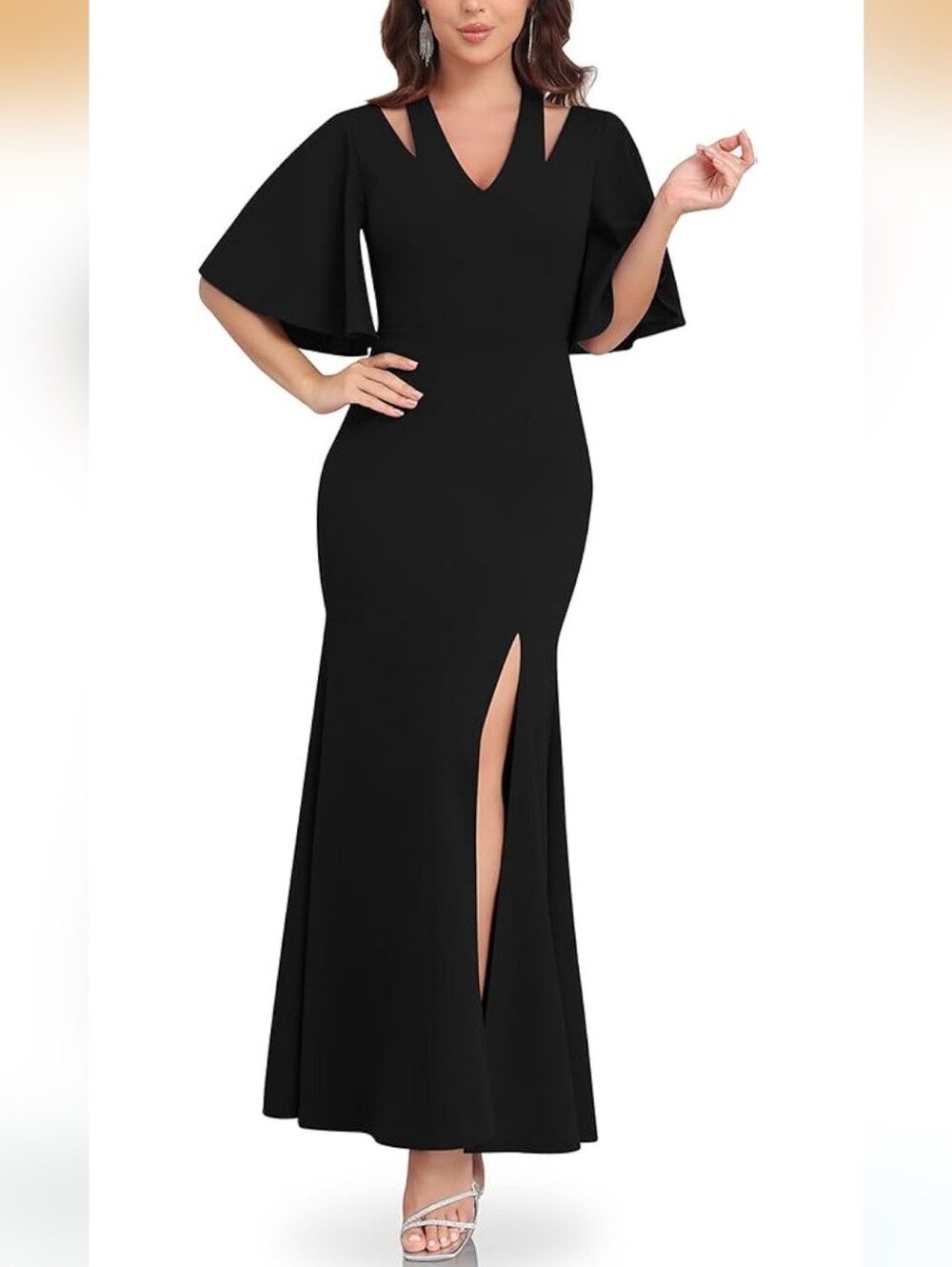 Elegant Black V-Neck Evening Gown with Flutter Sleeves